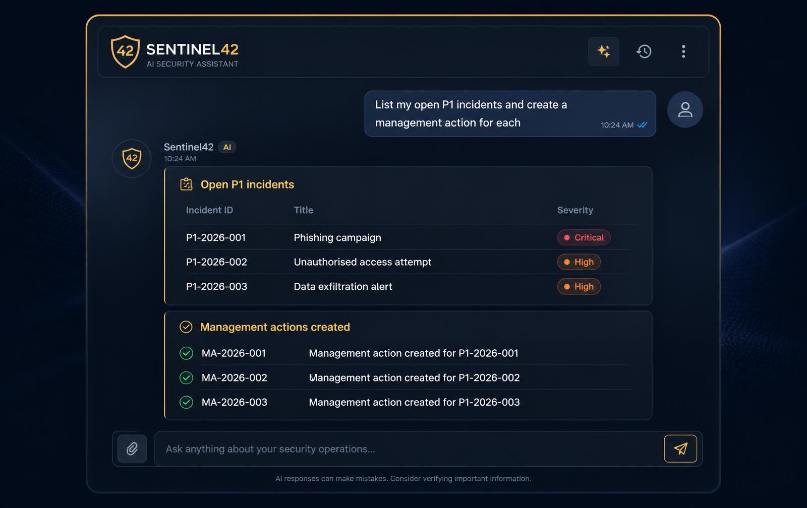 Illustrative mockup of a ChatGPT-style chat window showing a Sentinel42-branded response card listing open P1 incidents and a raised management action